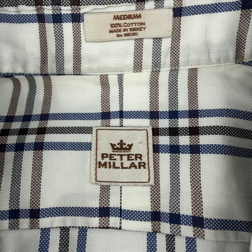 Peter Millar Mens Medium White Blue Brown Plaid Cotton Button Down Shirt LS - Picture 2 of 12